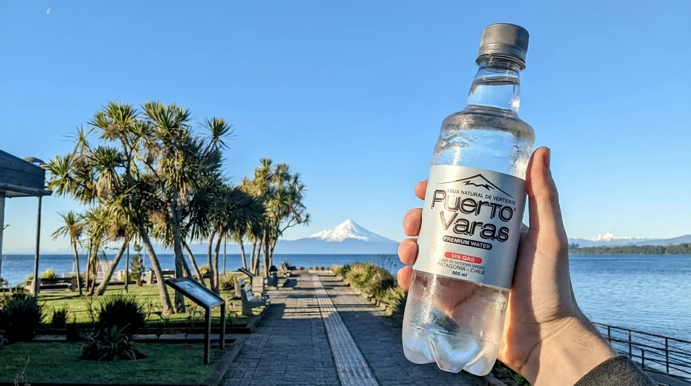 Botella de Agua Puerto Varas en la costanera de Puerto Varas, con el volcán Osorno al fondo